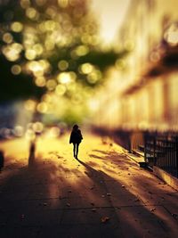 Rear view of man walking in narrow alley