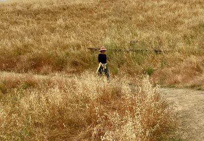 Man riding horse on field