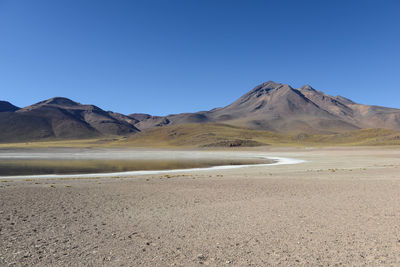 Scenic view of desert against clear blue sky