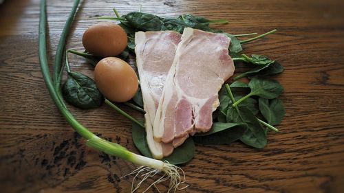 High angle view of raw food on table