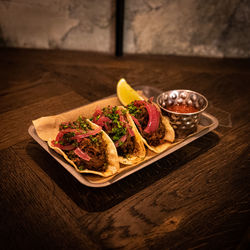 High angle view of food in plate on table