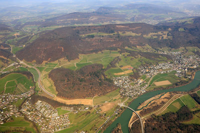 Aerial view of agricultural landscape against sky