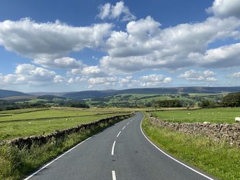 Landscape view from, slaidburn road, with  stone walls, fields and hills in, newton, clitheroe, uk