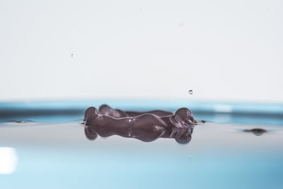 Close-up of water drop on sea against clear sky