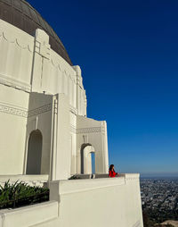 Low angle view of building against clear blue sky. 