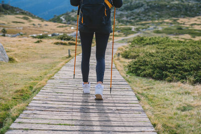 Rear view of man walking on boardwalk