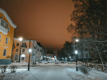 Illuminated street amidst buildings during winter at night