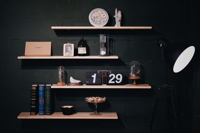 Decorations arranged on shelves at home