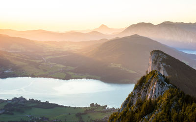 Scenic view of mountains against sky during sunset