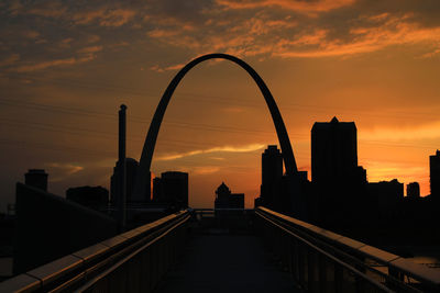 Silhouette bridge and buildings against sky during sunset