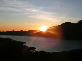 Scenic view of silhouette mountains against romantic sky at sunset