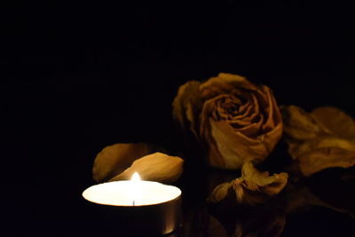 Close-up of illuminated lighting equipment against black background