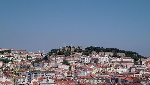 Townscape against clear blue sky