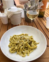 High angle view of pasta in plate on table