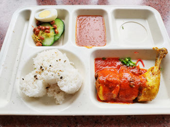 High angle view of breakfast served on table