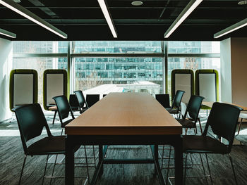 Empty chairs and tables in room