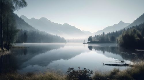 Scenic view of lake and mountains against sky