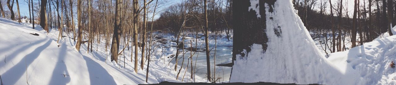 snow, cold temperature, winter, water, tree, nature, beauty in nature, panoramic, tranquility, white color, tranquil scene, scenics, season, day, frozen, sky, reflection, outdoors, blue, sunlight