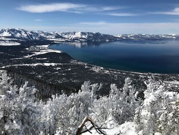 Scenic view of snowcapped mountains by lake against sky