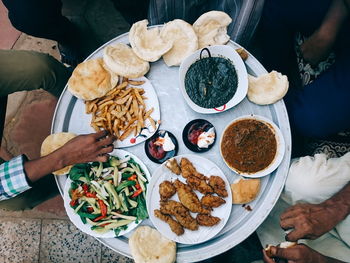 High angle view of food served on table