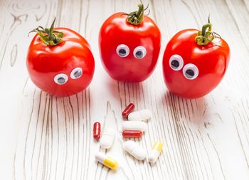 High angle view of tomatoes on table