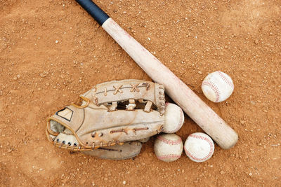 High angle view of objects on sand