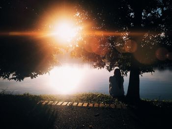 Silhouette tree by lake against sky during sunset