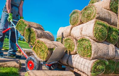 Low section of man with trolley working while arranging rolled up grass