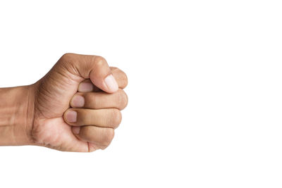 Close-up of hand holding small over white background