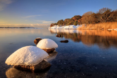 Scenic view of lake against sky at sunset