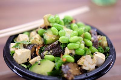 Close-up of salad in bowl on table