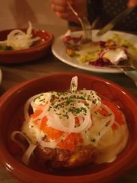 High angle view of meal served on table