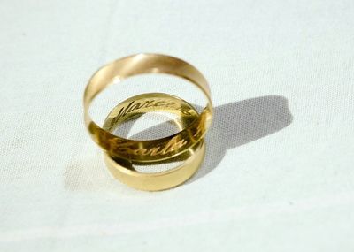 High angle view of wedding rings