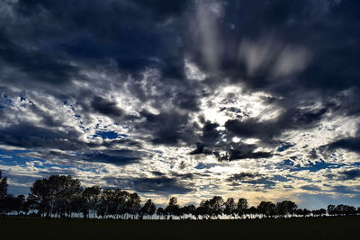 Silhouette trees on field against dramatic sky