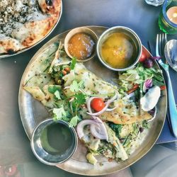 High angle view of food in plate on table