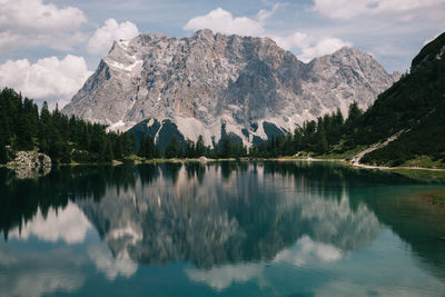 Panoramic view of lake and mountains against sky