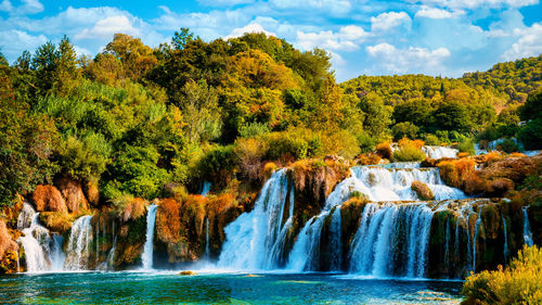 Scenic view of waterfall in forest during autumn