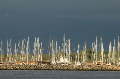 Sailboats in sea against clear sky