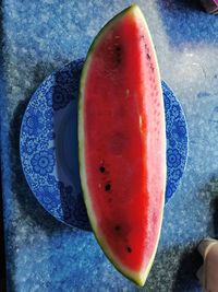 High angle view of fruits in plate on table