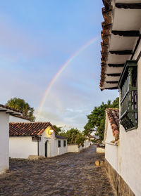 Scenic view of rainbow over houses against sky