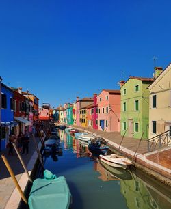 Boats moored in canal by buildings against blue sky