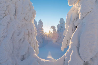 Scenic view of snow covered mountains against sky