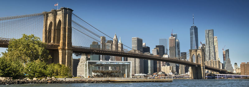 Bridge over river by buildings against clear sky