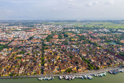 High angle shot of townscape against sky