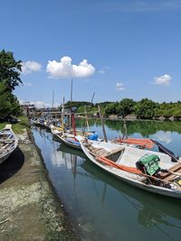 Boats moored in lake against sky