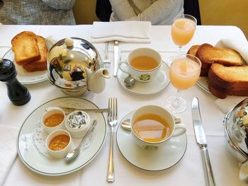 High angle view of fresh breakfast served on table