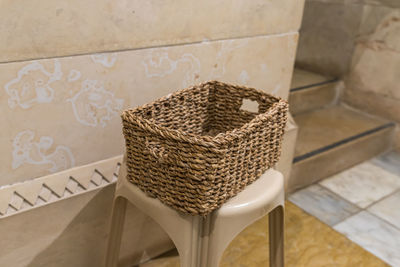 High angle view of wicker basket on table