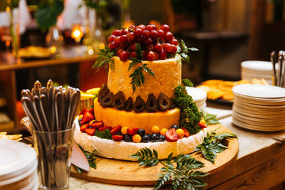 Close-up of cake served on table