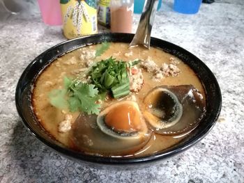 High angle view of soup in bowl on table