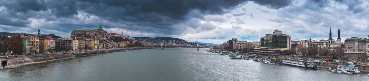 Panoramic view of river amidst buildings against sky